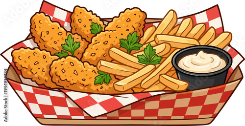 Crispy Fried Chicken Tenders with French Fries and Dipping Sauce in Red Checkered Paper Basket — Fast Food Cartoon Vector Illustration
