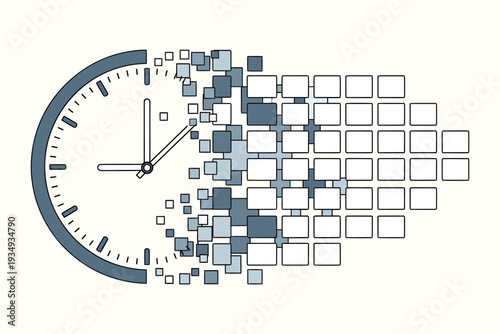 Digital clock face breaking apart into pixelated squares symbolizing time s fragility