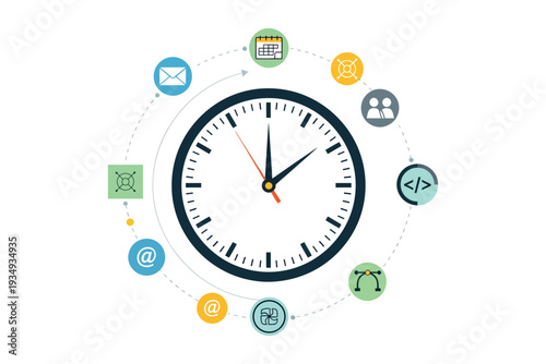 Time management concept with clock surrounded by various digital icons
