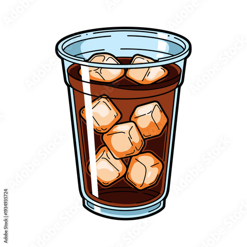 Iced coffee in a transparent plastic cup with ice cubes in bold graphic vector illustration, flat vibrant colors for cold beverage and summer drink design