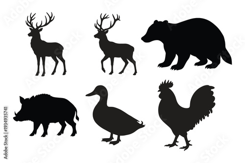This image displays six solid black silhouettes of different animals arranged in two rows on a white background. The top row features two deer and a bear. The bottom row includes a wild boar, a duck, 