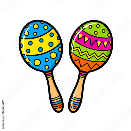 Maracas with bright painted patterns, vector illustration with festive playful mood against white background with copy space