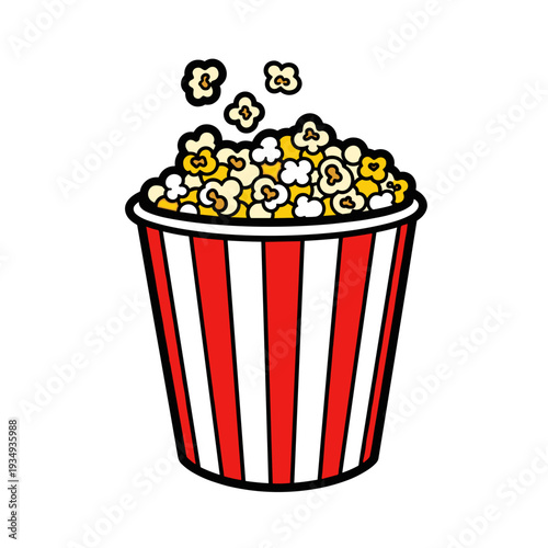 Popcorn bucket overflowing in bold graphic vector illustration, flat vibrant colors for cinema and snack design
