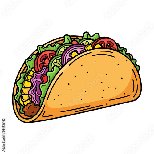 Taco filled with vegetables in bold graphic vector illustration with playful appetizing mood centered against white background with copy space