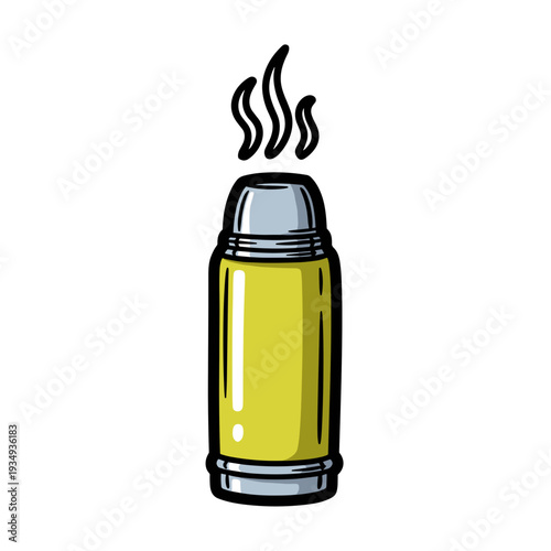 Thermos bottle with steam in bold graphic vector illustration, flat vibrant colors for hot beverage and travel design