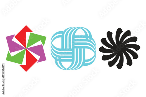 This image displays three distinct abstract graphic symbols in a row against a white background. On the left is a colorful pinwheel design with six alternating red, green, and purple segments. 