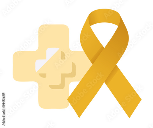 Yellow awareness ribbon with medical cross, sticker on transparent background, for awareness campaigns and events