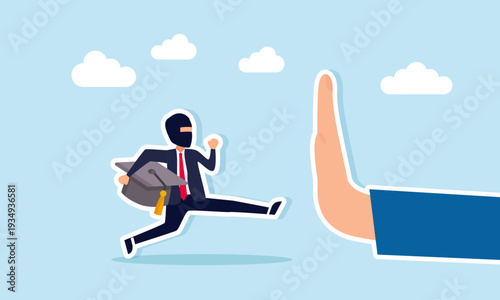 Hand Stopping Thief Carrying Graduation Cap Illustration of Preventing Cheating in Business Education