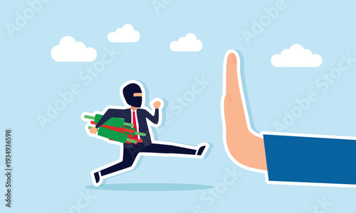Hand Stopping Thief Carrying Candlestick Chart Illustration of Government Regulation Preventing Stock Market Manipulation