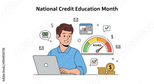 A man in a blue shirt uses a laptop with financial icons and a credit score gauge in the background, symbolizing National Credit Education Month and financial literacy.