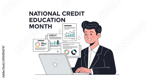 Illustration of a smiling businessman using a laptop with financial graphs and charts around him, highlighting National Credit Education Month with a clean and informative design.