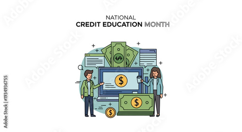 Illustration of two people standing with a laptop and money graphics for National Credit Education Month with a focus on financial literacy and credit management.