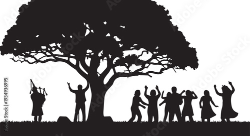 Large collection of black silhouettes featuring musical band members playing instruments including piano drums saxophone violin and guitar isolated on white background for concert posters