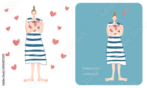 ハートを抱きしめる女性とハートのパーツセット