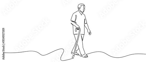 One continuous line outline of an old man walking with the help of a cane. Editable stroke.