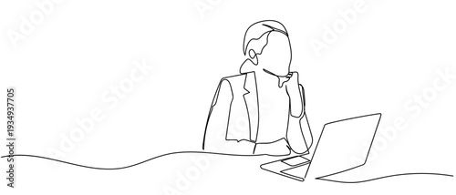 A businesswoman sat with her chin resting on her hand at the table, looking puzzled in front of her laptop. Editable stroke.