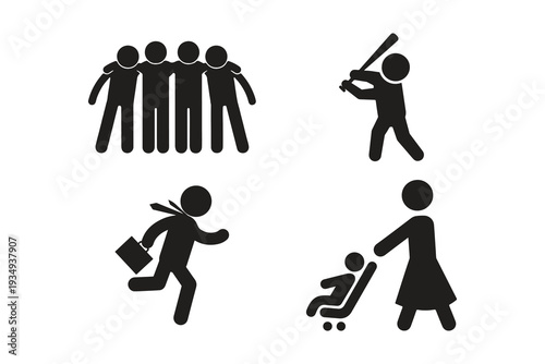 This image displays four black pictograms representing common human activities. The top row shows a group of five people linking arms (community/friendship) and a person ready to swing a baseball 