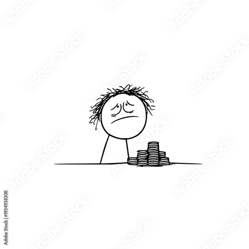 Sad stick figure with messy hair looking at small stack of coins with worried expression on face