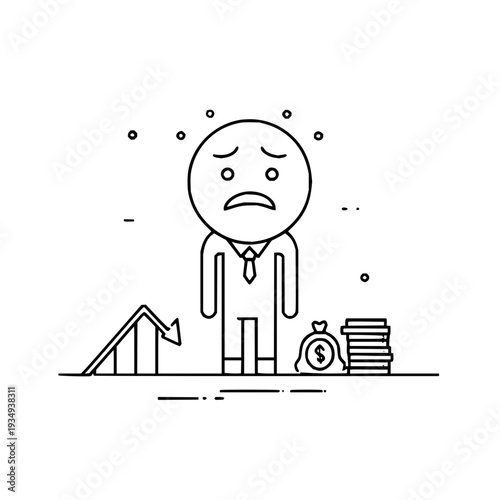 Stressed businessman with frowning face standing next to decreasing graph money bag and stack of coins feeling anxious about financial loss