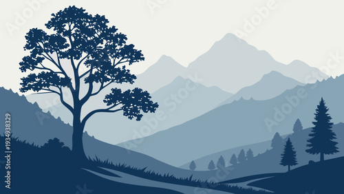 A misty mountain landscape features a forest and peaks under a glowing sky