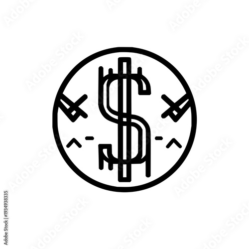 Black line art illustration of a sad face made from a dollar coin with cracked surface