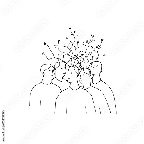 Group of people with thoughts and ideas exploding from their heads in a line drawing style