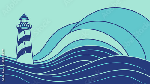 Artistic vector illustration of lighthouse overlooking an abstract blue sea with wavy motion lines and decorative water swirl patterns