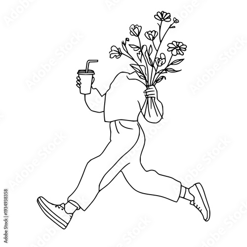 Person running with bouquet of flowers and drink carefree and joyful simple line art style