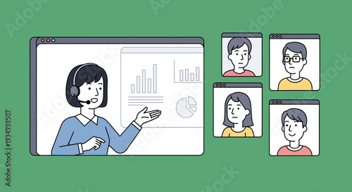 Online meeting with a presenter sharing charts and graphs on a screen to remote participants in video call windows.