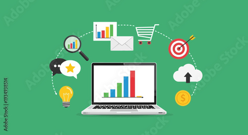 Digital marketing strategy with analytics, target, growth, and online shopping icons surrounding a laptop.