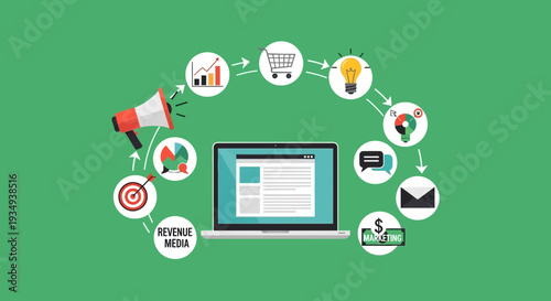 Digital marketing strategy illustration showing a laptop at the center surrounded by icons representing various marketing activities and business growth.