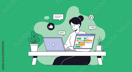 A woman working diligently on her laptop at a desk, surrounded by digital communication icons and a plant, symbolizing productivity and remote work.