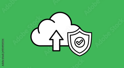 Cloud upload security icon with a shield and checkmark, representing data protection and safe storage.