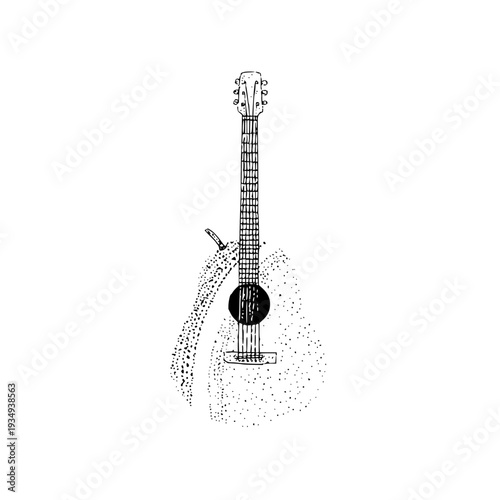 Black and white illustration of a mandolin with dotted shading on a white background creating a simple yet elegant visual representation of the stringed instrument