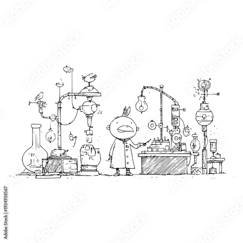 Cartoon scientist in lab coat standing in a cluttered laboratory surrounded by complex equipment and beakers in a simple black and white illustration style