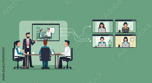 A hybrid meeting setup showing a presenter in a room with attendees and remote participants joining via video conference.
