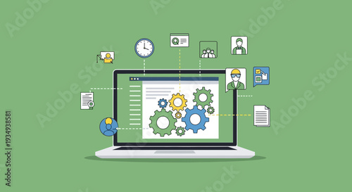 Illustration of a laptop displaying gears and icons representing business processes and workflow management.