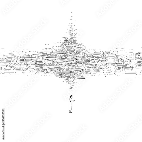 Small person standing alone in vast white space with abstract black word cloud forming a cross shape above them conveying isolation and contemplation