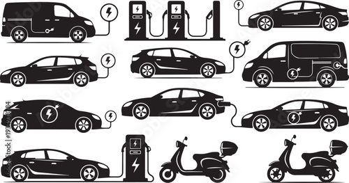 Electric vehicles and scooters charging illustration set in black