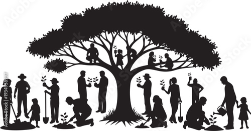 Diverse group of people planting tree in community setting