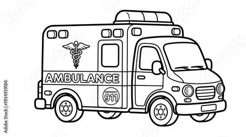 Ambulance vehicle outline, medical emergency transport, emergency 911 service