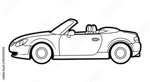 Convertible sports car outline, side view, black and white vector illustration
