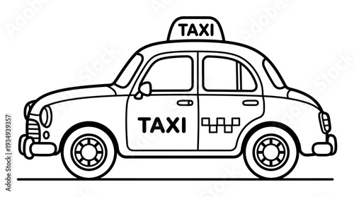 Classic taxi car illustration, black and white line art, urban transport icon