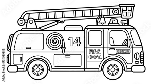 Fire truck outline, rescue vehicle, ladder, hose, emergency, black and white