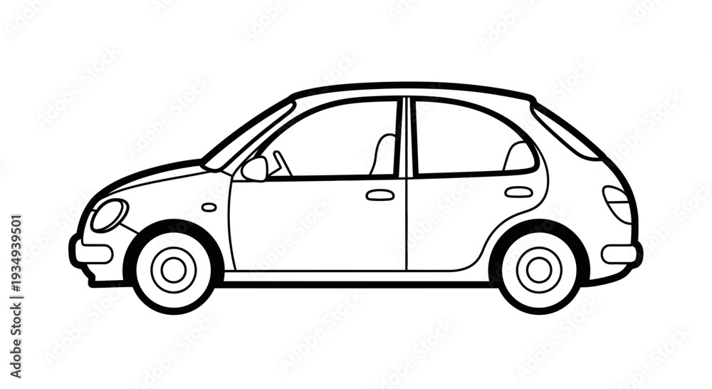 Fototapeta premium Simple line drawing of a hatchback car, isolated on white background