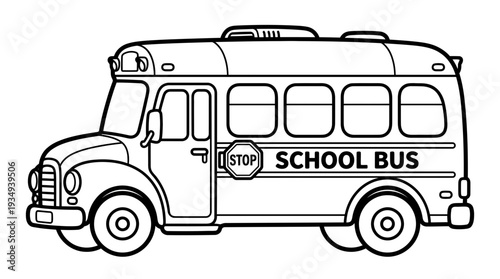 School bus outline, black and white illustration, transport for children