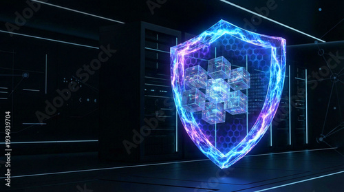 A vibrant, glowing digital shield with data cubes inside, protecting information in a futuristic server room, symbolizing robust cybersecurity and data protection.