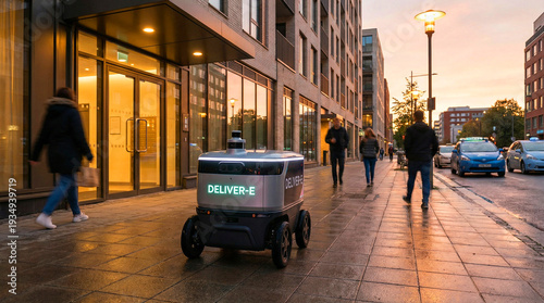 A small autonomous delivery robot navigates a city sidewalk alongside pedestrians and buildings at dusk, offering modern urban logistics.
