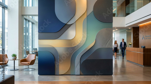 Modern office lobby featuring a large, abstract geometric art installation, with two business professionals walking past a reception desk and lounge seating.
