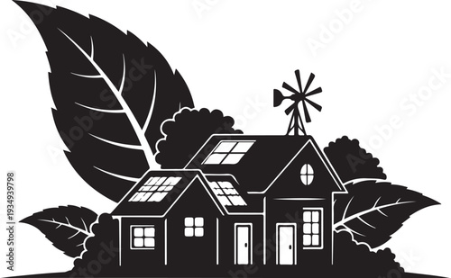 Black and white house with windmill and leafy surroundings